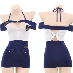 Conjunto de lencería sexy azul y blanco con bloques de color, falda ajustada de talle alto, conjunto de sujetador y bragas de mujer, corte alto, fibra de poliéster - Product Image 4