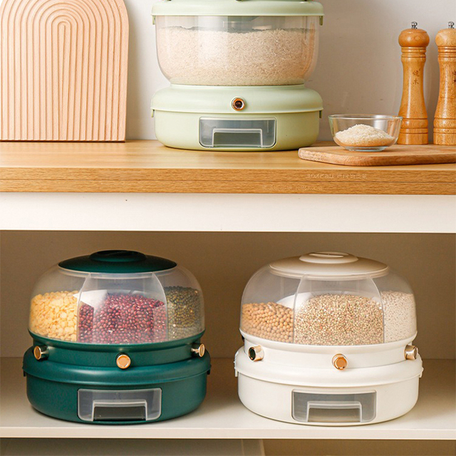 Rice Dispenser Kitchen Moisture Proof 6 Grid Rotating Food Double-deck Grain Cereal Storage Box Rice Container Dispens