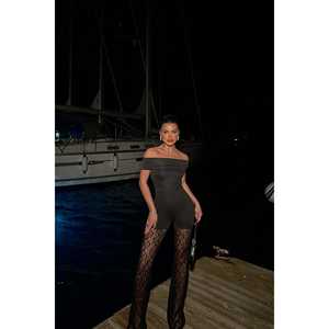 Mono negro con estampado floral y detalle de encaje de cinta, tejido de punto para verano y otoño - Product Image 2