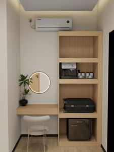 ชุดเฟอร์นิเจอร์ห้องนอนโรงแรมแบบทวินทันสมัยราคาประหยัดพร้อมโครงเตียงไม้สีอ่อน หัวเตียงหุ้มเบาะ และโต๊ะข้างเตียง - Product Image 3