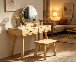 Tocador de maquillaje escandinavo de madera maciza de abedul con espejo y taburete, mesa de tocador para dormitorio con cajones de almacenamiento - Product Image 4