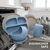 Ensemble d'alimentation pour bébé en silicone avec assiette à 3 compartiments, bol à ventouse, tasse à poignée, cuillère, fourchette, bavoir, kit repas pour tout-petit