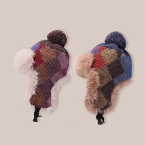 Hombres Mujeres Plaid Knitted Pilot Hat Winter Faux Fur Hunter's Cap Outdoor Warm Thick Earprotector Headgear Venta al por mayor - Product Image 6