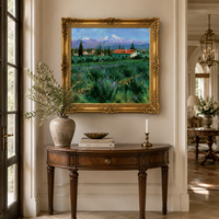 Pintura al Óleo de Casa de Campo en la Montaña Nevada, Arte de Pared con Marco Dorado de Paisaje Alpino para Decoración de Sala de Estar, Hotel, Villa o Cabaña