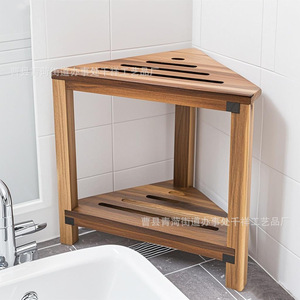 Tabouret de douche d'angle en bois Qianxiang avec étagère de rangement, siège de salle de bain en bois d'acacia 36,8x30,5x33,7 cm - Product Image 3