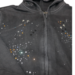Unisex Gray Hooded Fleece Sweatshirt With Rhinestone <b>Star</b> Print Regular Fit Winter Casual Wear - Product Image 4
