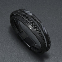 Nouveau bracelet en cuir noir pour homme, double couche tressée en PU, fermoir magnétique minimaliste, bijoux en gros
