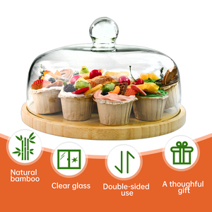 2024 New Round Natural Bamboo <b>Cake</b> Display <b>Stand</b> Cupcake Holder Severing Platter with Transparent <b>Dome</b> Lid for Party Weddings - Product Image 2