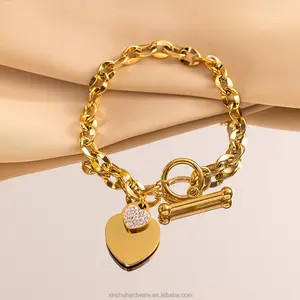 Personalized stone jewelry stainless steel chain Bangles Dazzling Diamond Peach Heart Bracelet for women girls