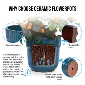 Ensemble de 3 pots de fleurs en céramique Mdj, design côtelé verni, pour l'intérieur et l'extérieur, style moderne minimaliste - Product Image 6