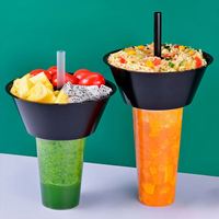 Gobelet jetable à paroi simple pour hot pot, snacks, thé au lait, avec couvercles et pailles, gobelet en plastique pour salade de fruits avec plateau à snacks