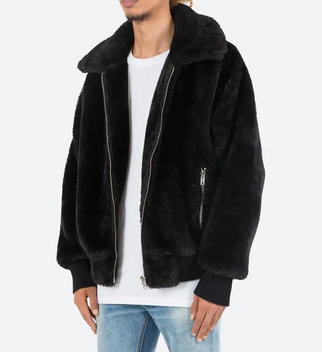 Oem clothing men outfit custom men fur coat winter jacket faux fur collar fluffy fuzzy black jacket for men