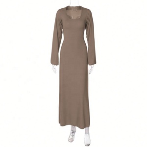 Abito Lungo Largo in Maglia con Scollo a U, Maniche Lunghe a Pagoda, Tinta Unita, Allacciatura Frontale, Vestito da Festa per Donne - Product Image 3