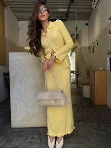 Blubelle Ensemble <span class=keywords><strong>Femme</strong></span> Automne Hiver Nouveau Col Polo Manches Longues Tricot Côtelé Cardigan Jupe Boutonnée Élastique Uni Style Décontracté - Product Image 4