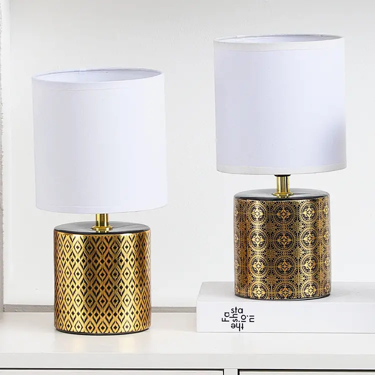 Lampe de chevet avec abat-jour en coton blanc, forme carrée, pour salon, abat-jour cylindrique, en céramique royale