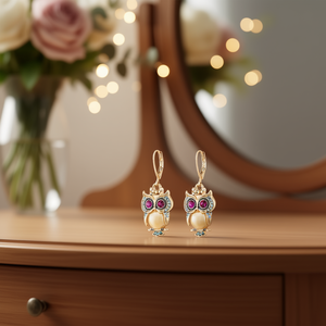 Boucles d'oreilles en forme de hibou plaqué or avec serti de perles d'imitation roses pour femmes, bijoux de fête à la mode E454 - Product Image 2