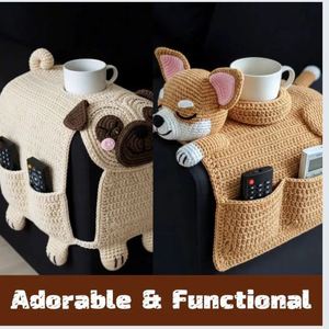 Organizador de Reposabrazos para Perros de Ganchillo con Bolsillos y Portavasos, Almohada de Lana Tejida a Mano con Diseño de Dachshund y Poodle, Organizador de Sofá para Sala de Estar - Product Image 2