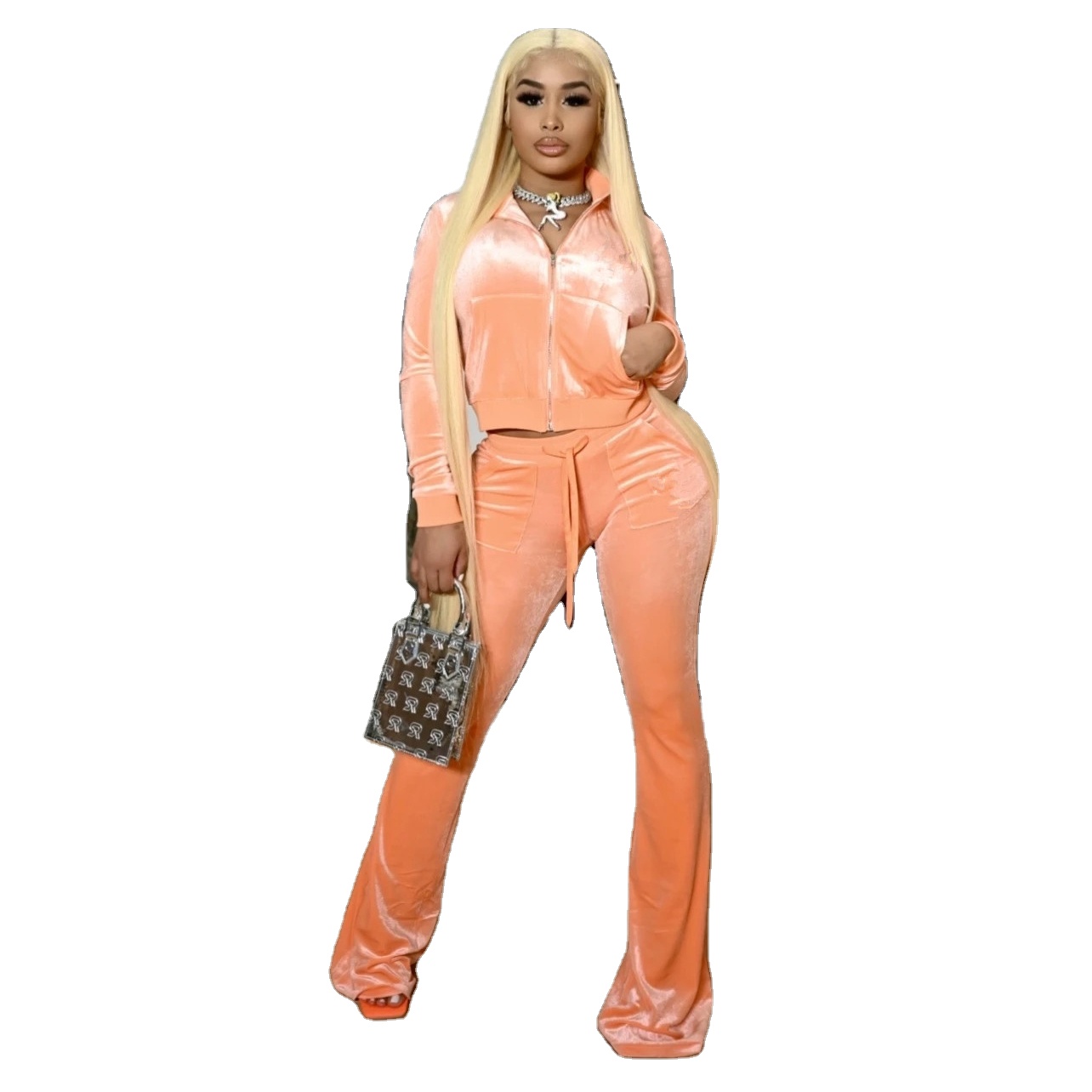 KY club hot sale new fashion velour Cropped jacket Low rise sweats flared bottoms four pocketed pants track sets