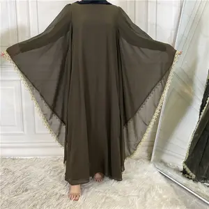 时尚中庸迪拜风格实心阿巴亚伊斯兰服装蝴蝶雪纺长袖马克西穆斯林蕾丝连衣裙