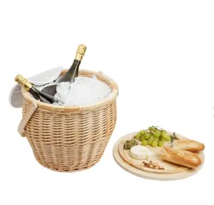 Cestino da picnic rotondo di lusso in vimini con cestello per Picnic, cestini da picnic, cestini da Picnic, Set di cestini per Picknick con manici in legno per 4 persone