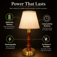 Lampe de table à abat-jour en lin, tige en bois, base en métal, variateur tactile, rechargeable, batterie 2600 mAh, sans fil, pour chambre à coucher, salon