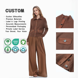Wholesale Custom Women's <b>Brown</b> <b>Wool</b> Knit Cardigan, High Neck Long Sleeve Button Down Sweater, Ladies Casual Outerwear - Product Image 1
