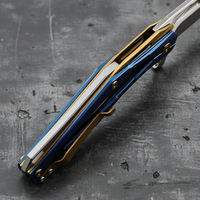 Cuchillo Plegable de Acero D2 Premium con Hoja Esqueletizada y Mango de Acero Inoxidable, Bicolor Azul y Dorado, 230mm 242g, DIY OEM, Punta de Gota