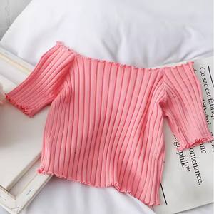 EHK0089 débardeurs sexy à épaules dénudées pour femmes hauts tricotés à volants hauts courts à manches courtes hauts décontractés - Product Image 4