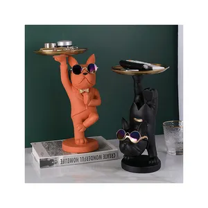 Patung Bulldog Butler Perancis, dengan nampan logam untuk gantungan kunci anjing keren dengan kacamata dekorasi meja patung Resin hewan