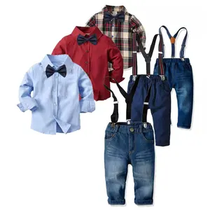 男孩为春季秋季男孩套装套装长袖格子衬衫 + 牛仔裤 + 吊带 3 件衣服设置男孩 2 3 4 5 6 年