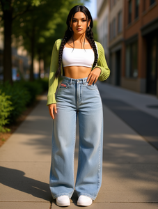 Jean large en denim pour femme, taille haute, coupe ample, délavage clair, longueur complète, style décontracté avec poches, respirant, idéal pour le printemps - Product Image 2