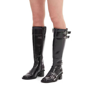Botas de tacón bajo grueso estilo personalizado con cinturón y hebillas metálicas para mujer, botas vaqueras de punta cuadrada hasta la rodilla, botines largos de punta cuadrada - Product Image 1