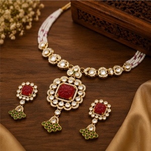 Elegant 925 <b>Silver</b> Necklace and Earrings Set with Red and Green Stones White Beads Traditional Indian Bridal Jewelry - Product Image 4