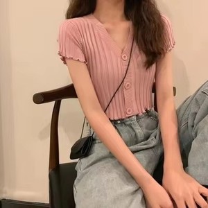 Stile coreano <span class=keywords><strong>Slim</strong></span> <span class=keywords><strong>Fit</strong></span> Sweet Ladies lavorato a maglia a maniche corte t-Shirt da donna <span class=keywords><strong>cardigan</strong></span> <span class=keywords><strong>cardigan</strong></span> con scollo a V - Product Image 2