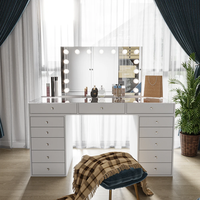 Meuble de maison moderne - Coiffeuse de maquillage lumineuse à un seul côté avec 13 tiroirs et miroir intégré