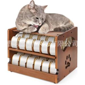 Wooden Double Layer Pet Food Can Holder Solid Wood Desktop <b>Storage</b> Rack For Cats Dogs - Product Image 1
