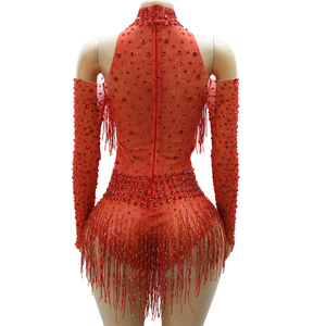 Body rosso con strass per performance sul palco, spalle scoperte, maniche lunghe, collo alto, con frange di perline, costume da ballo per cabaret e showgirl - Product Image 2