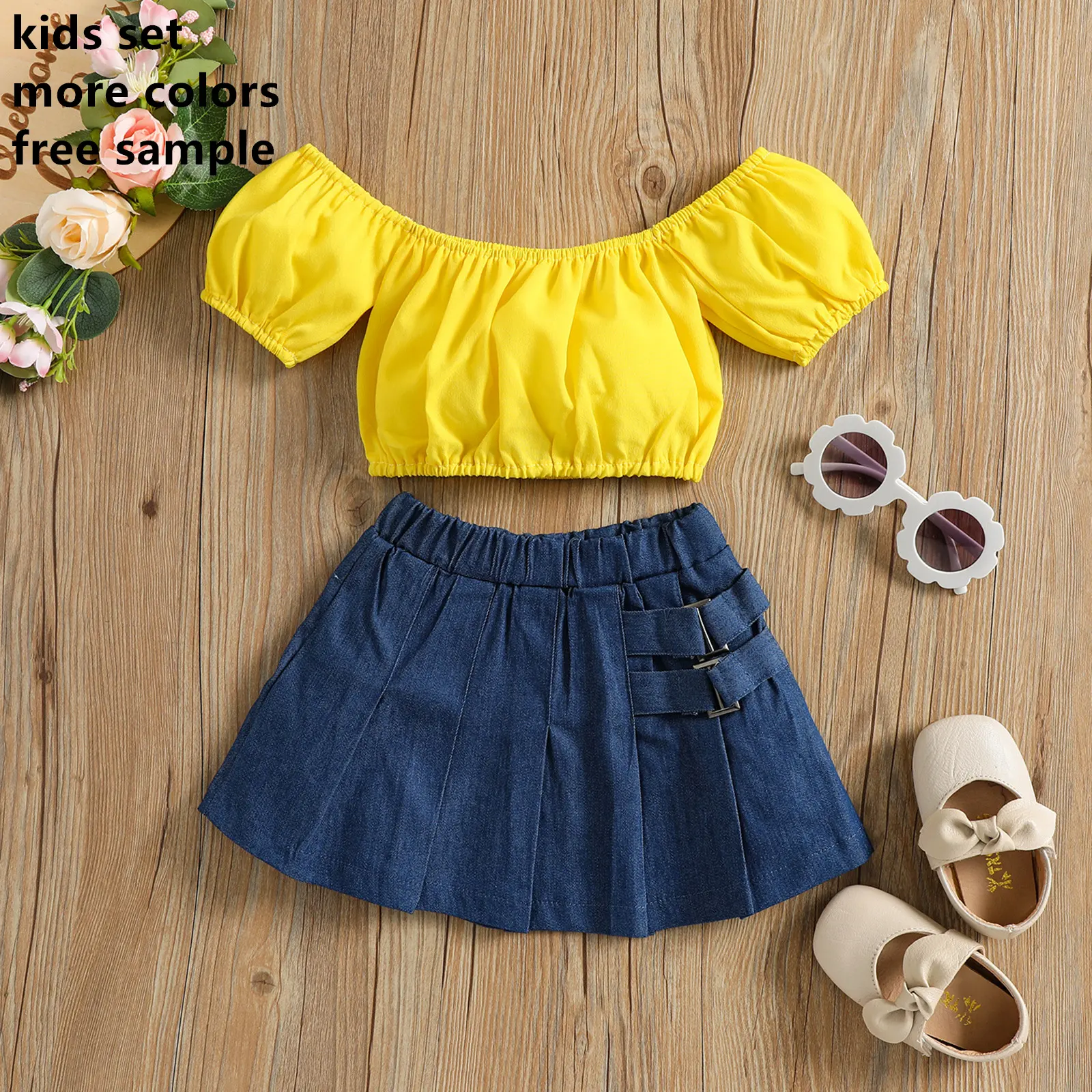 2022 Summer Toddler Kids Clothing Baby Girl fashion new design kids yellow top jeans clothing set girl denim skirt dresses set