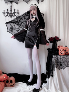 Mujeres Halloween <span class=keywords><strong>Sexy</strong></span> monja Cosplay disfraz vampiro Cruz estilo gótico oscuro negro vestido de monja con tocado carnaval ropa de juego de rol - Product Image 4