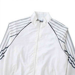 White Unisex <b>Racer</b> <b>Jacket</b> With Black Stripes Zipper Closure Stand Collar Elastic Waist Regular Fit All Seasons Polyester Materia - Product Image 3