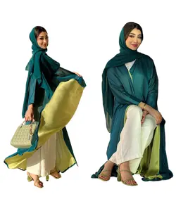 Modest Chiffon Open Abaya Double Color Kimono Set Dubai Luxury Hijab Dress Moroccan Kaftan Green Abayas Suit With Scarf SQ0172