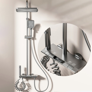 Nuovo Set Rubinetteria Termostatica con Soffione Doccia Circolare Quadrato a Soffitto, Sistema Doccia a Mano, Finitura Spazzolata Grigio Canna di Fucile, Getto Morbido - Product Image 2