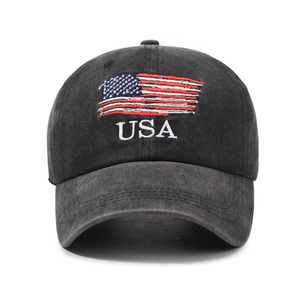 Casquette de baseball vintage sportive de style européen et américain en PVC délavé, brodée avec un grand motif du drapeau américain en tissu délavé - Product Image 1