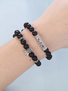 Classico 2 pz/set Stretch nero pietra naturale braccialetto di perline Mens pavimenta zircone CZ sfera teschio leone Charms bracciali Set di gioielli - Product Image 2