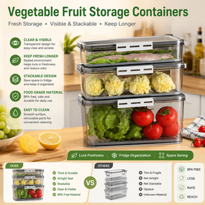 Custom Logo Fresh Keeping Leak Proof Vegetable Fruit Storage <b>Containers</b> OEM ODM Stackable Reusable <b>Refrigerator</b> Food Box - Product Image 1