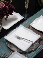 Service d'assiettes en porcelaine fine à bord doré, blanc, pour mariage, avec logo personnalisé, OEM, 40% de cendres d'os, sans plomb, sans cadmium