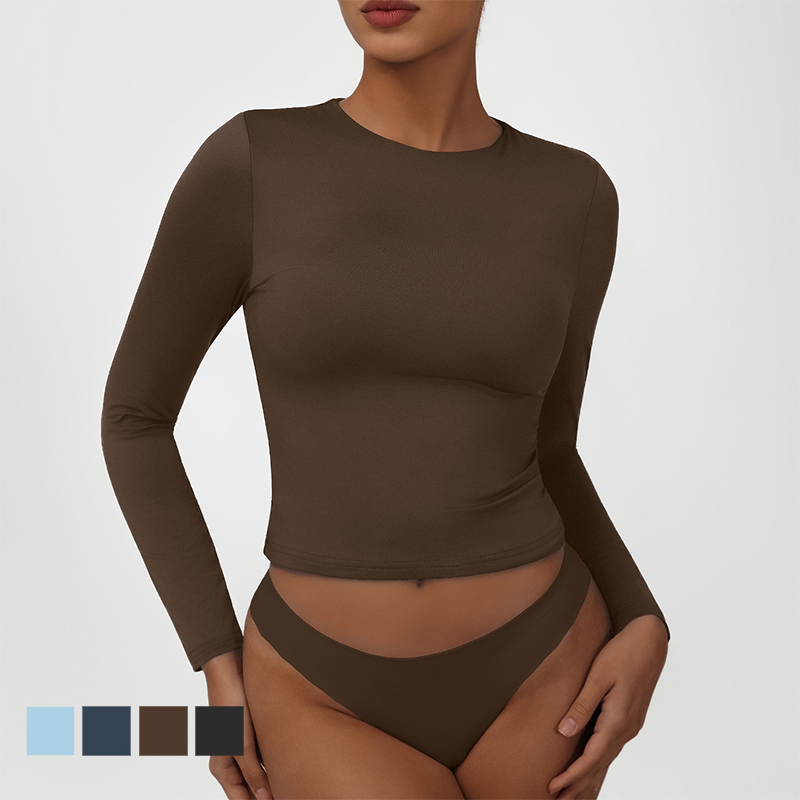 Trim Fit High-Elastic Round Neck Lady One Piece Custom Sports Yoga Fitness High Quality Gym Workout Long Sleeve Top For Women