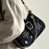 Sac à bandoulière vintage Y2K pour femme en similicuir et jean, avec bouton, fermeture éclair, motif étoile unique, et sangle chaîne en polyester