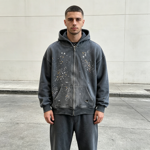 Manufacturer Gray Zipper Men's Hoodie Sweatshirt With Rhinestone Design Vintage High Quality Autumn Wear Hoodie for Men - Product Image 3