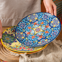 Ensemble d'assiettes en céramique de style bohème, motif ethnique coloré, assiette à dîner, assiette à fruits, assiette à steak, assiette à pâtes pour la décoration de la table de la cuisine à la maison